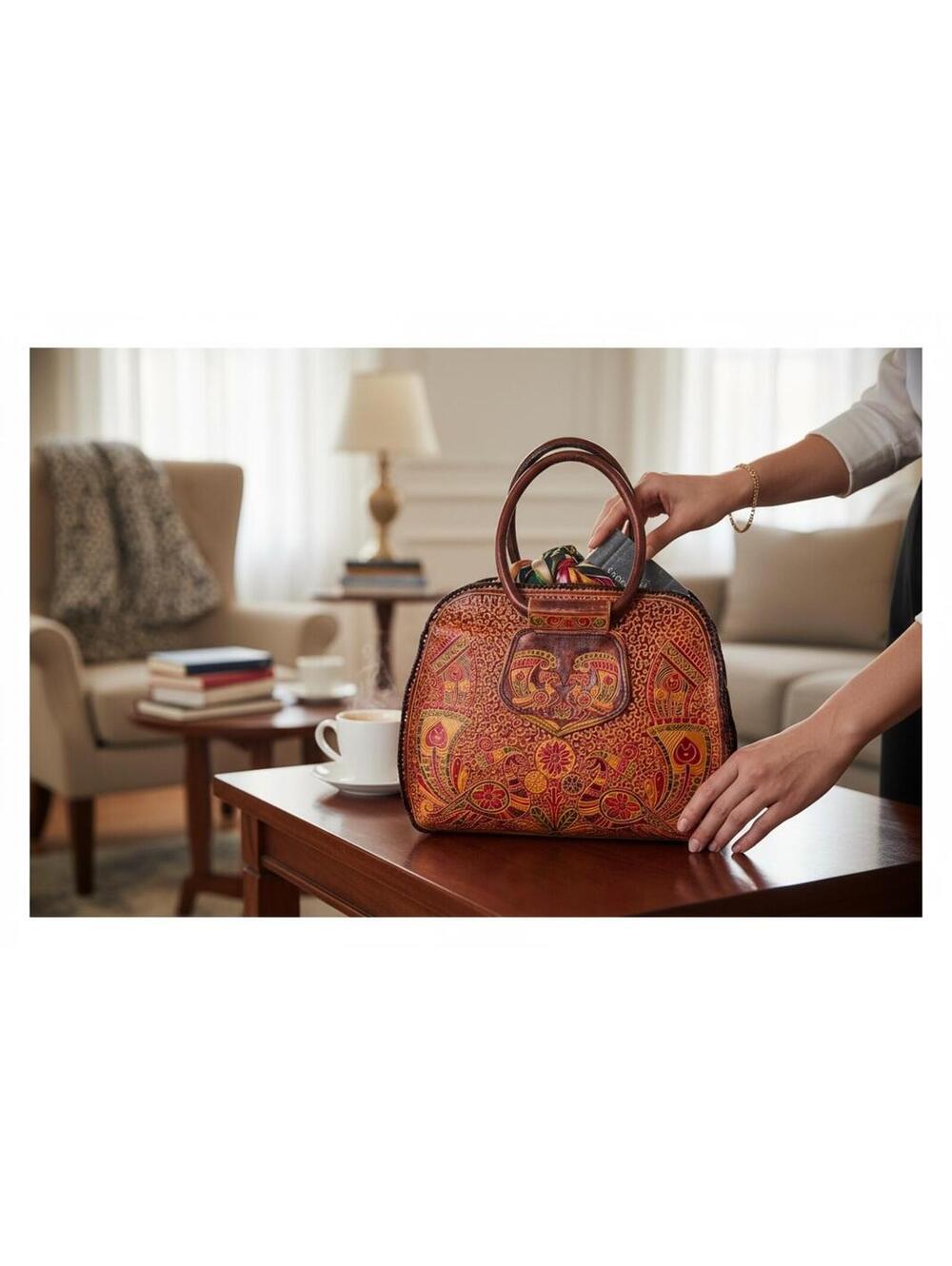 Vintage Hand-Painted Leather Handbag with Floral Design
